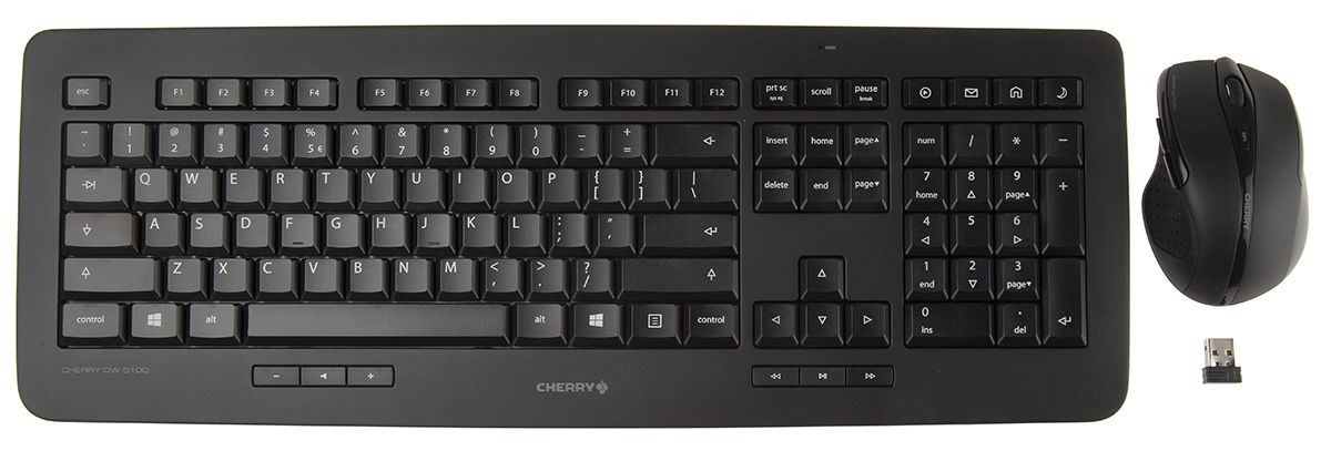 CHERRY, QWERTY Tastatur- og musesæt, Standard, Trådløst udstyr, USB, Sort
