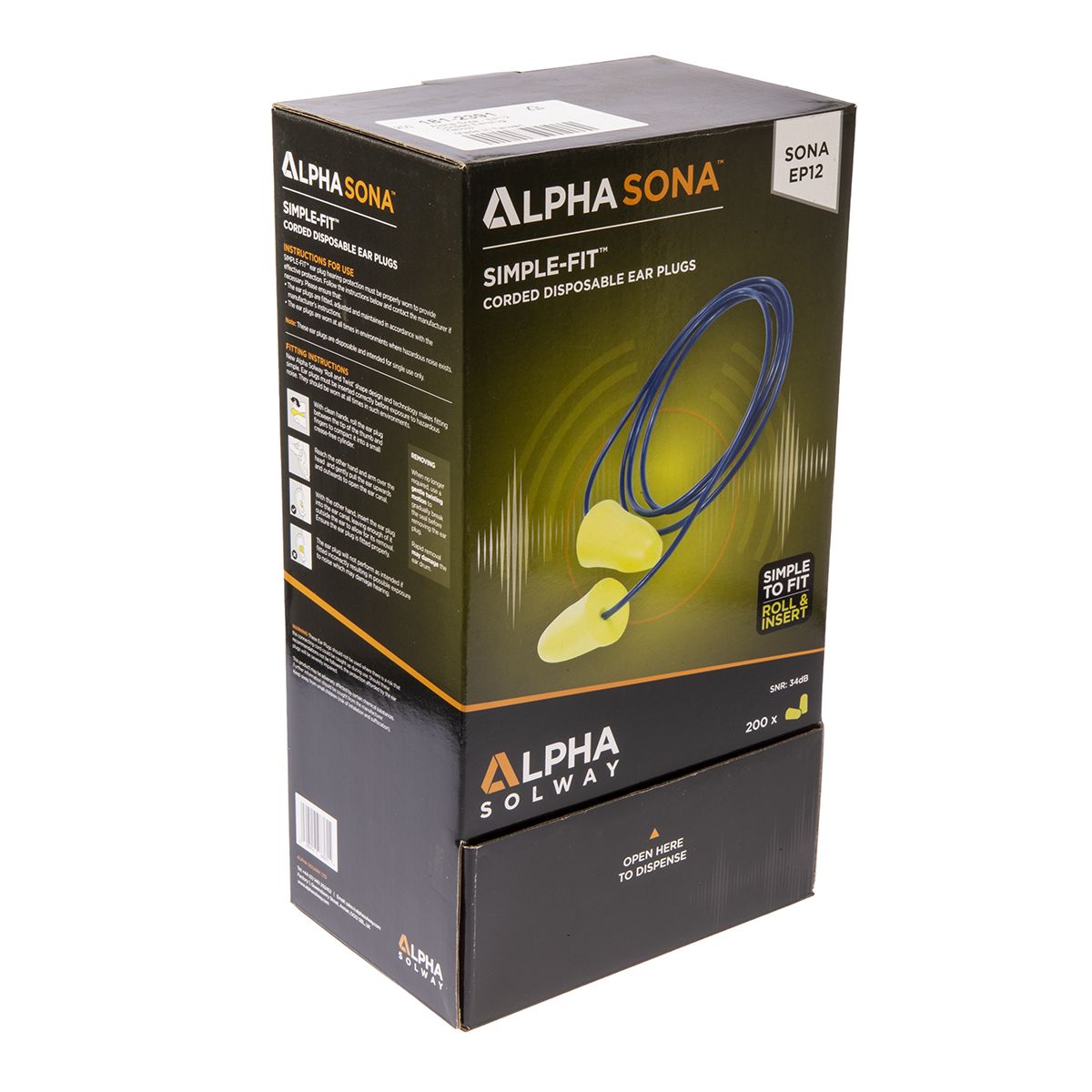 Alpha Solway Corded Disposable Ear Plugs, 34dB, Yellow, 200 Pairs per Package