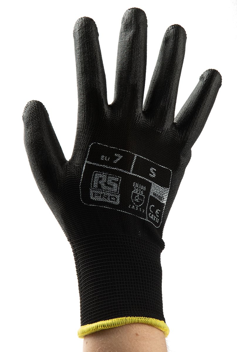 RS PRO Black Abrasion Resistant, Tear Resistant Work Gloves, Size 7, Small, Polyurethane Coating