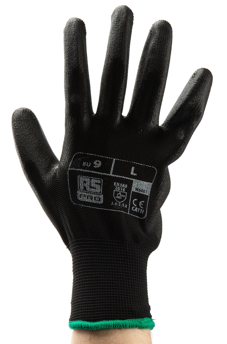 RS PRO Black Abrasion Resistant, Tear Resistant Work Gloves, Size 9, Large, Polyurethane Coating