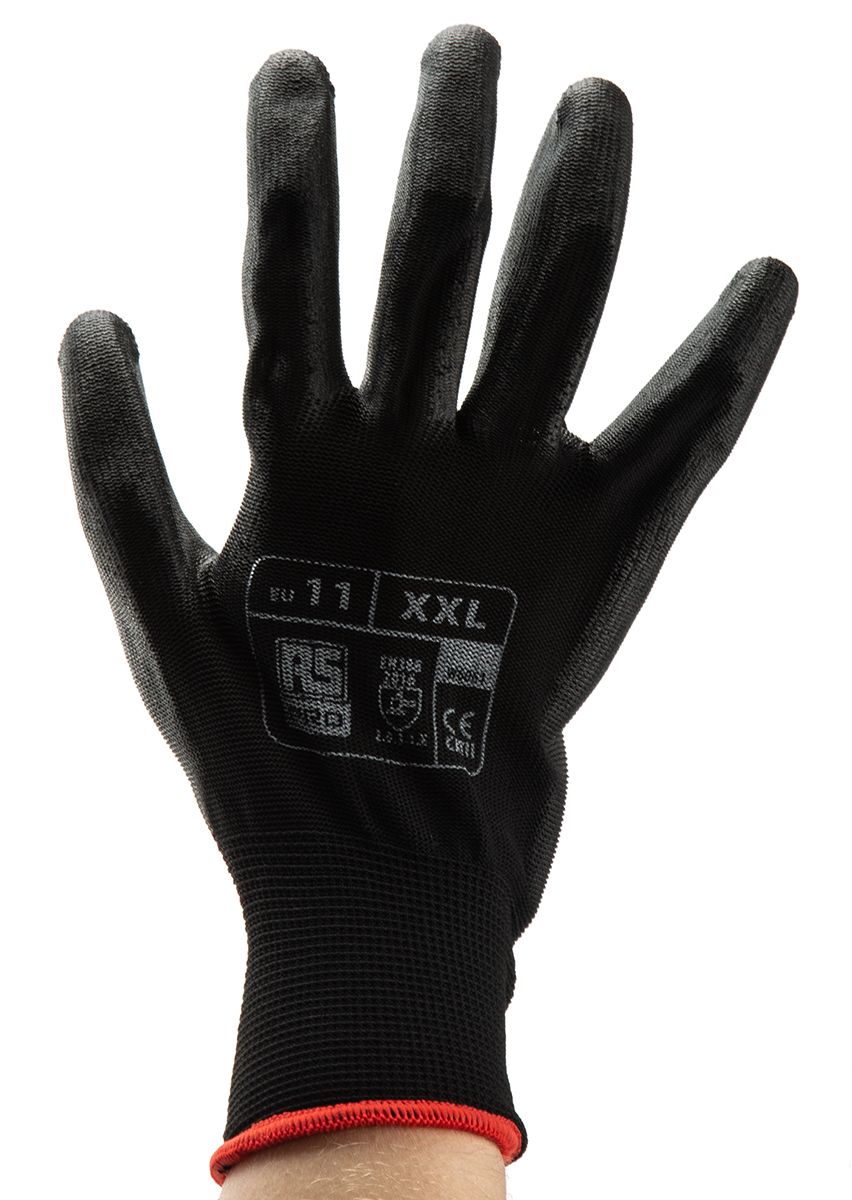 RS PRO Black Abrasion Resistant, Tear Resistant Work Gloves, Size 11, XXL, Polyurethane Coating