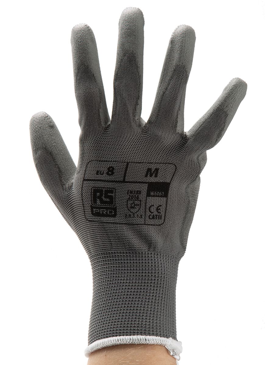 RS PRO Grey Abrasion Resistant, Tear Resistant Work Gloves, Size 8, Medium, Polyurethane Coating
