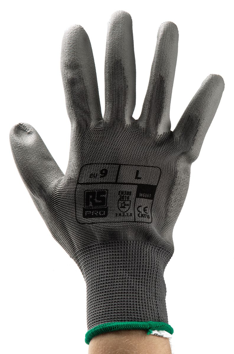 RS PRO Grey Abrasion Resistant, Tear Resistant Work Gloves, Size 9, Large, Polyurethane Coating