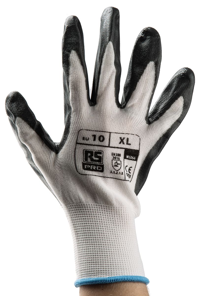 RS PRO White Abrasion Resistant, Tear Resistant Work Gloves, Size 10, XL, Nitrile Coating