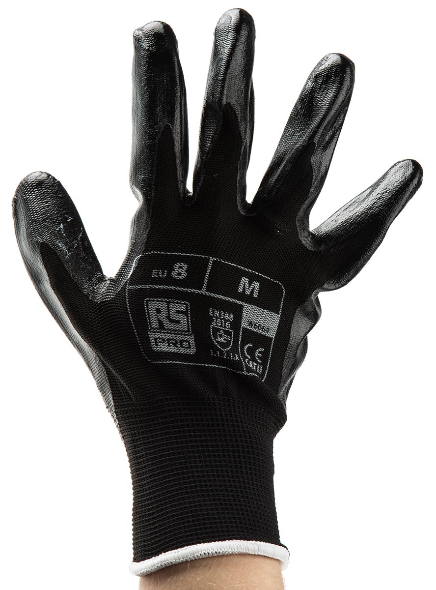 RS PRO Black Abrasion Resistant, Tear Resistant Work Gloves, Size 8, Medium, Nitrile Coating