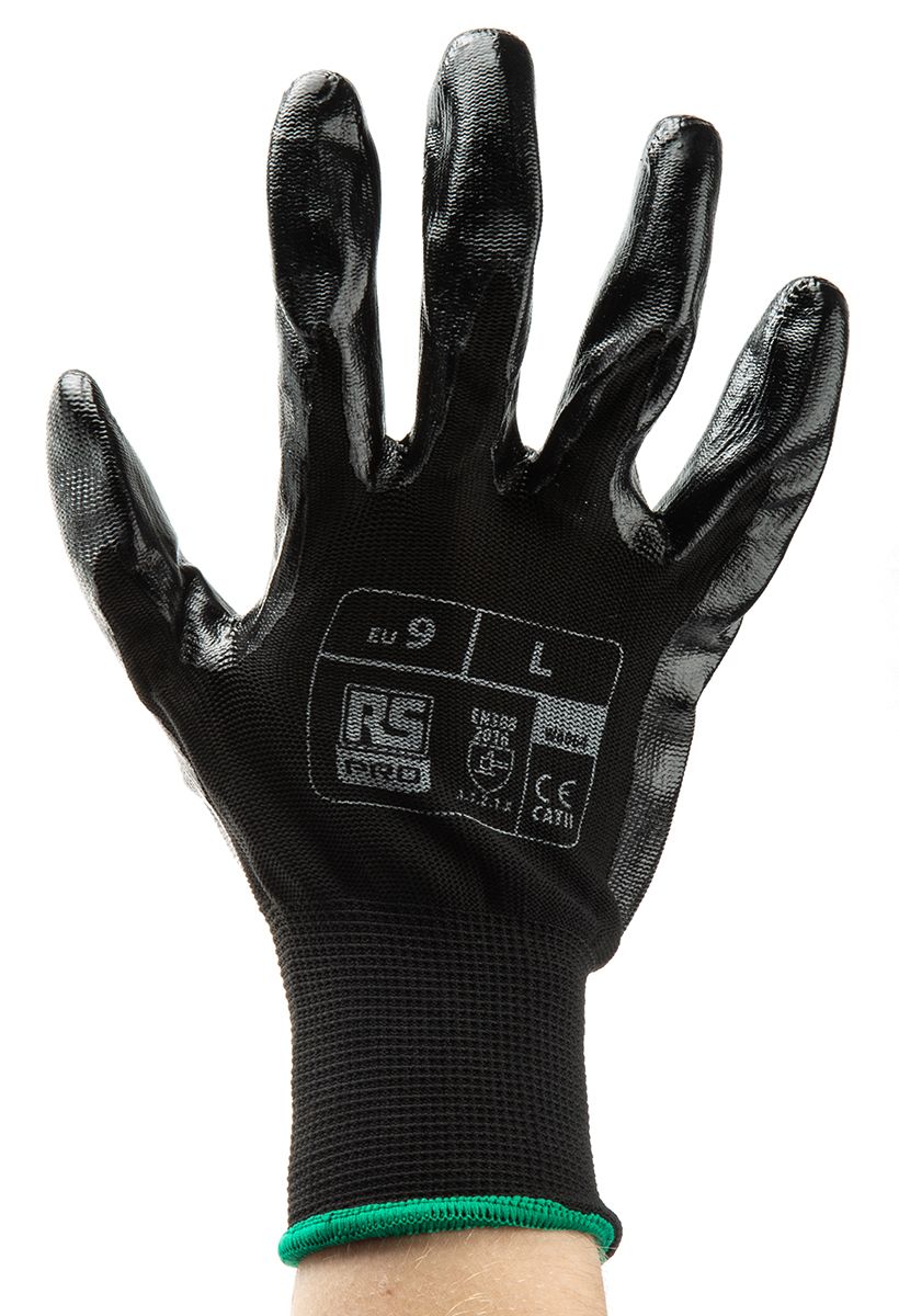 RS PRO Black Abrasion Resistant, Tear Resistant Work Gloves, Size 9, Large, Nitrile Coating