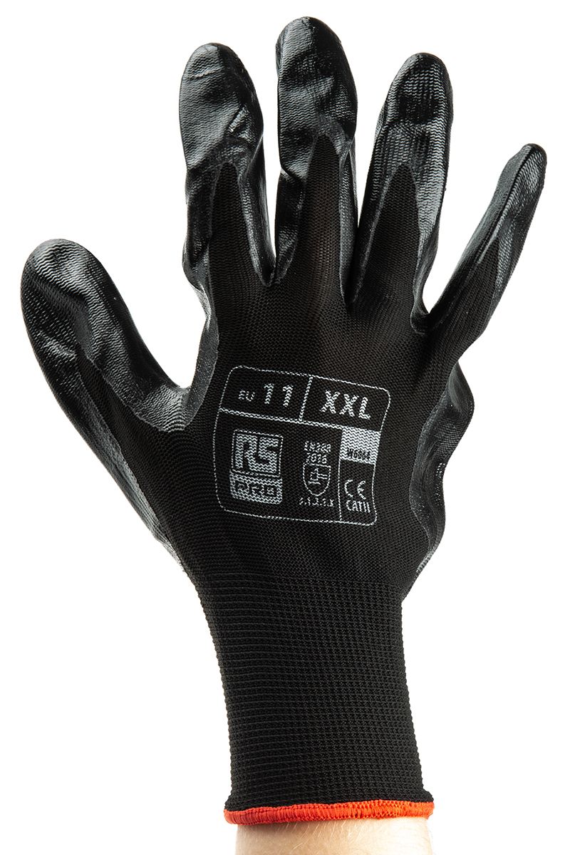 RS PRO Black Abrasion Resistant, Tear Resistant Work Gloves, Size 11, XXL, Nitrile Coating
