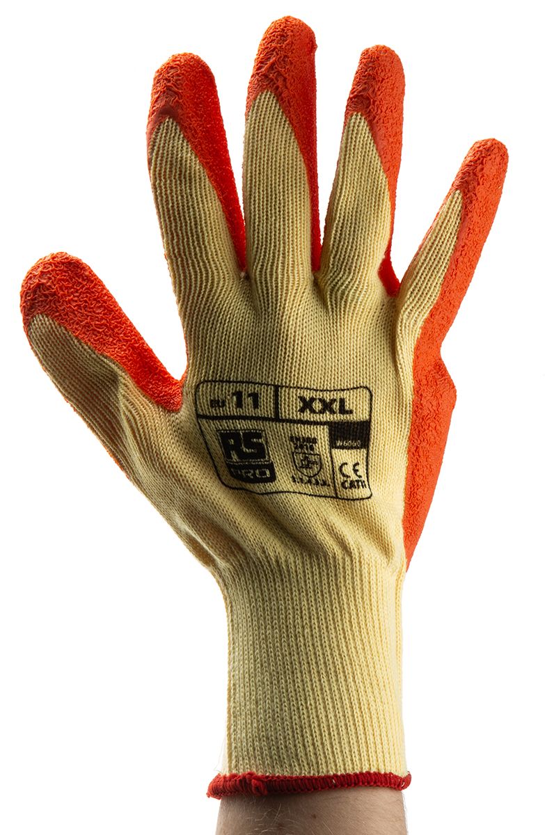 RS PRO Orange Abrasion Resistant, Tear Resistant Work Gloves, Size 11, XXL, Polycotton Lining, Latex Coating