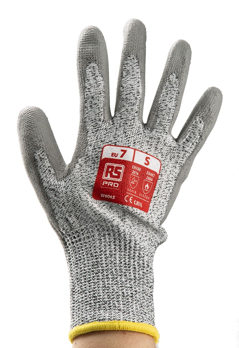 RS PRO Grey Cut Resistant Work Gloves, Size 7, Small, HPPE/Nylon/Glass Lining, Polyurethane Coating