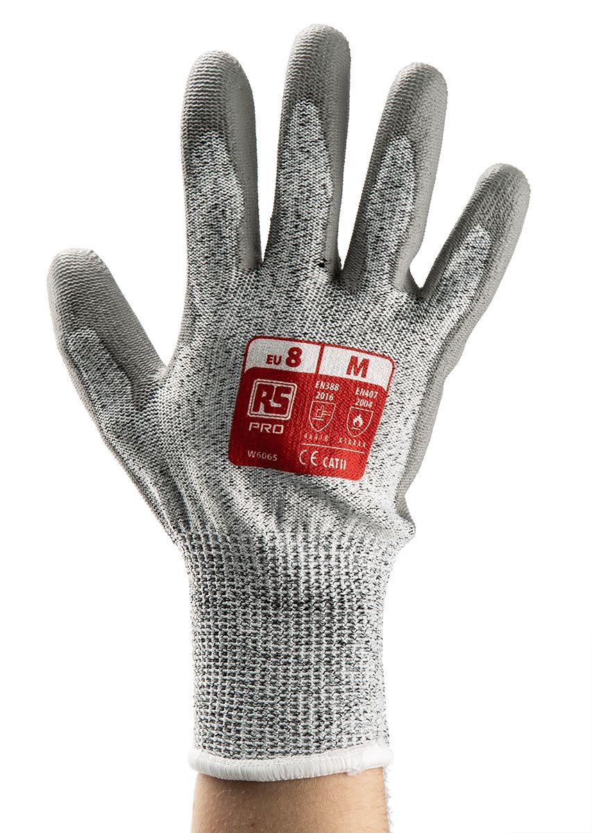 RS PRO Grey Cut Resistant, Heat Resistant Work Gloves, Size 8, Medium, HPPE/Nylon/Glass Lining, Polyurethane Coating