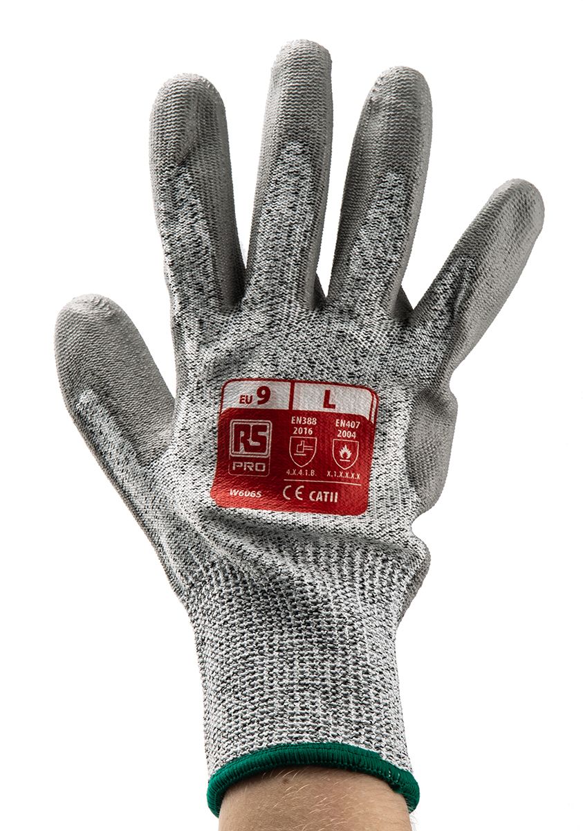 RS PRO Grey Cut Resistant Work Gloves, Size 9, Large, HPPE/Nylon/Glass Lining, Polyurethane Coating