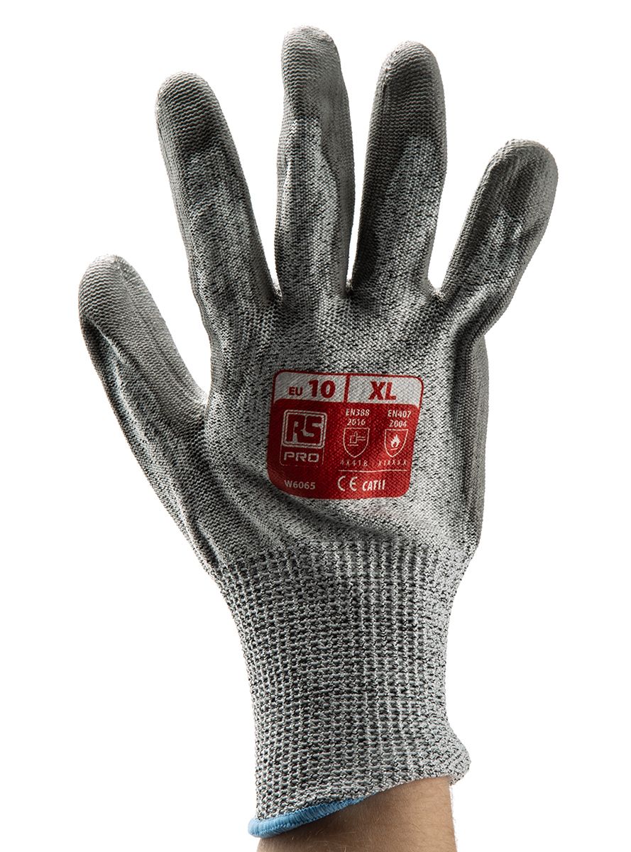 RS PRO Grey Cut Resistant, Heat Resistant Work Gloves, Size 10, XL, HPPE/Nylon/Glass Lining, Polyurethane Coating
