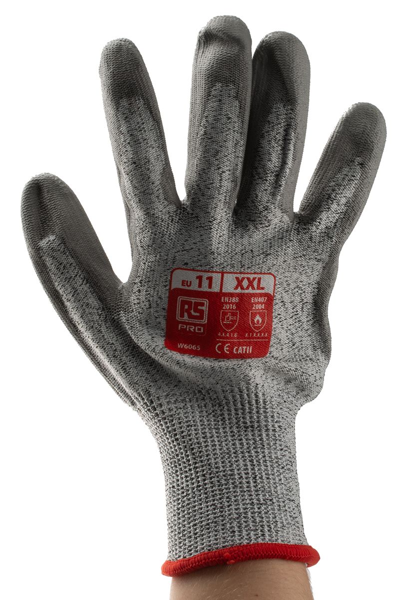 RS PRO Grey Cut Resistant Work Gloves, Size 11, XXL, HPPE/Nylon/Glass Lining, Polyurethane Coating