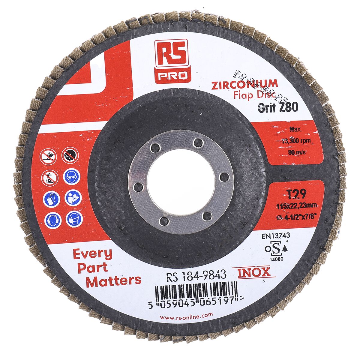 RS PRO Zirconium Dioxide Flap Disc, 115mm, P80 Grit