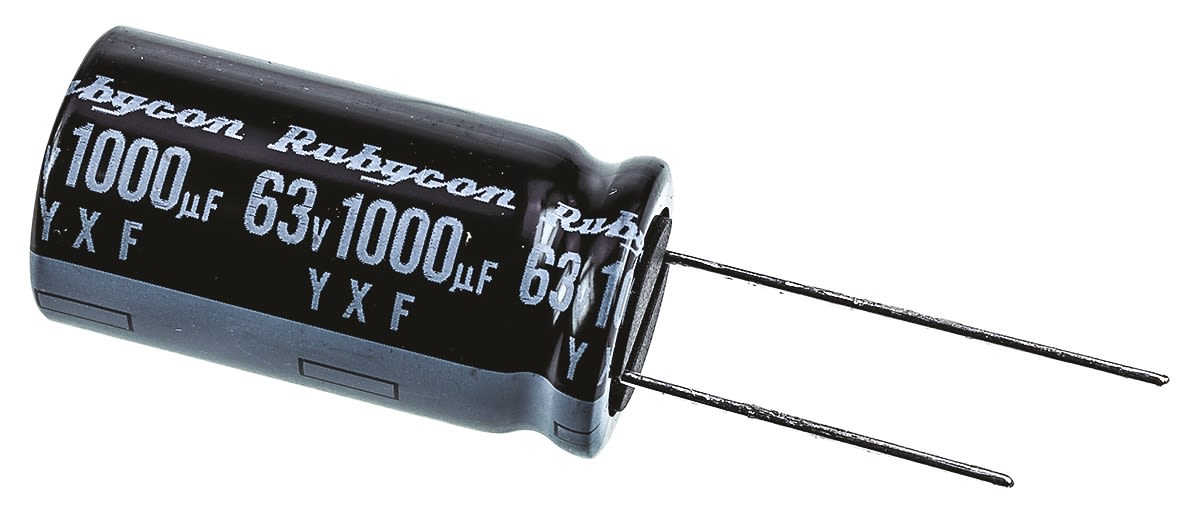 Rubycon 1000μF Electrolytic Capacitor 63V dc, Through Hole - 63YXF1000M16X31.5