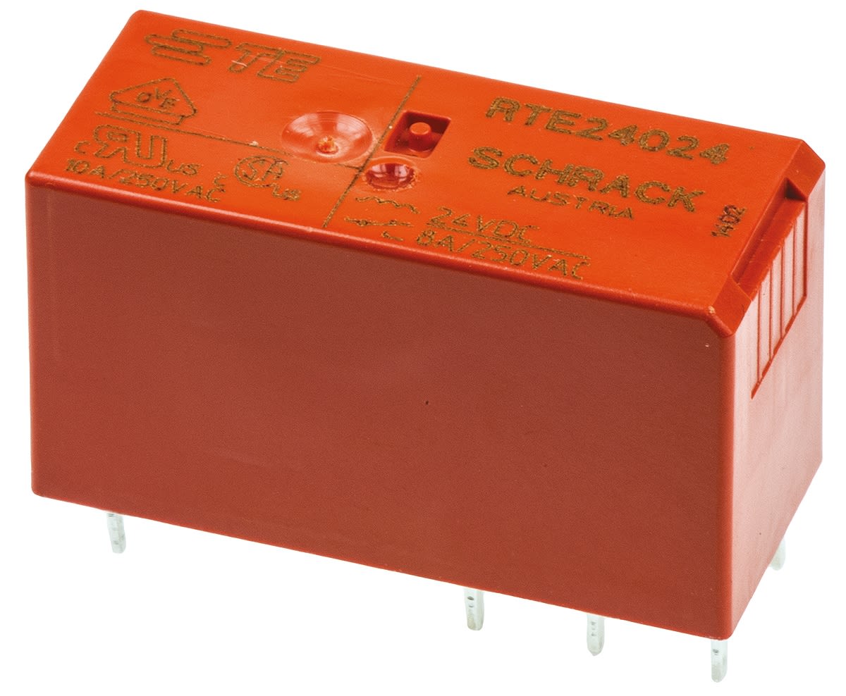 TE Connectivity PCB Mount Power Relay, 24V dc Coil, 8A Switching Current, DPDT