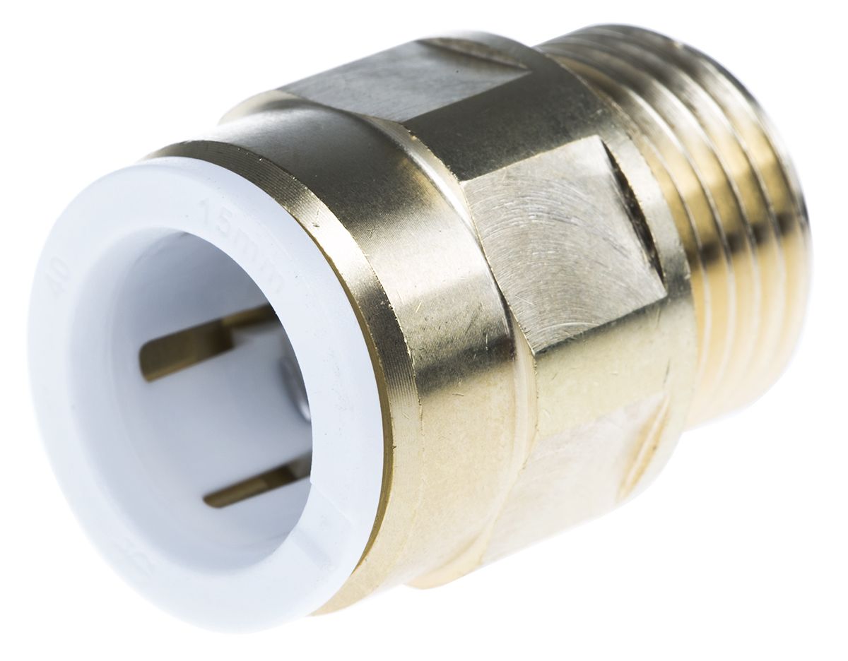 John Guest Brass Pipe Fitting, Straight Push Fit Coupler, Male 1/2in to Female 15mm