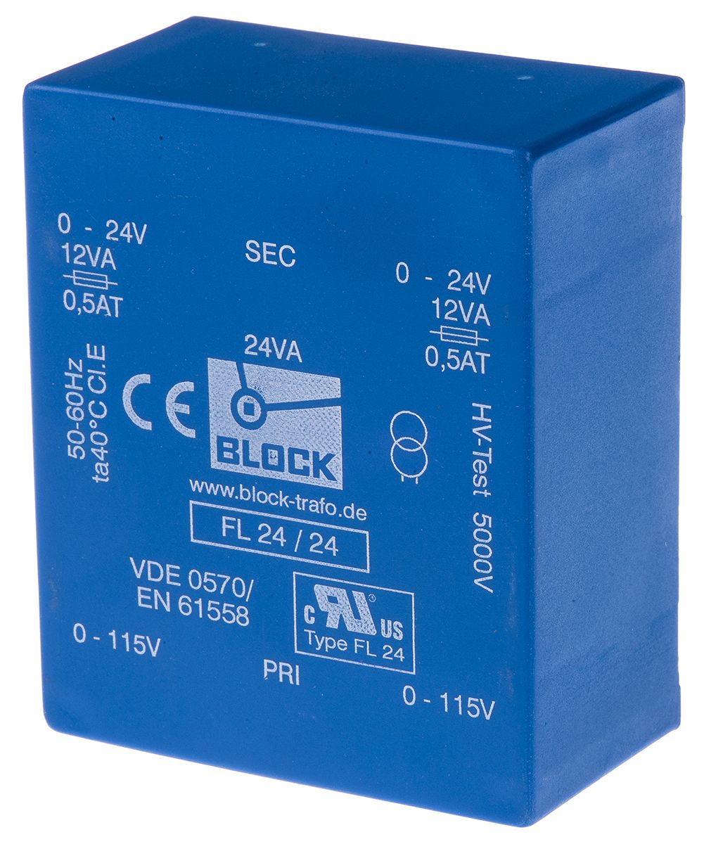 Transformateur pour circuit imprimé Block, 24V c.a., 115 V ac, 230 V ac, 24VA, 2 sorties