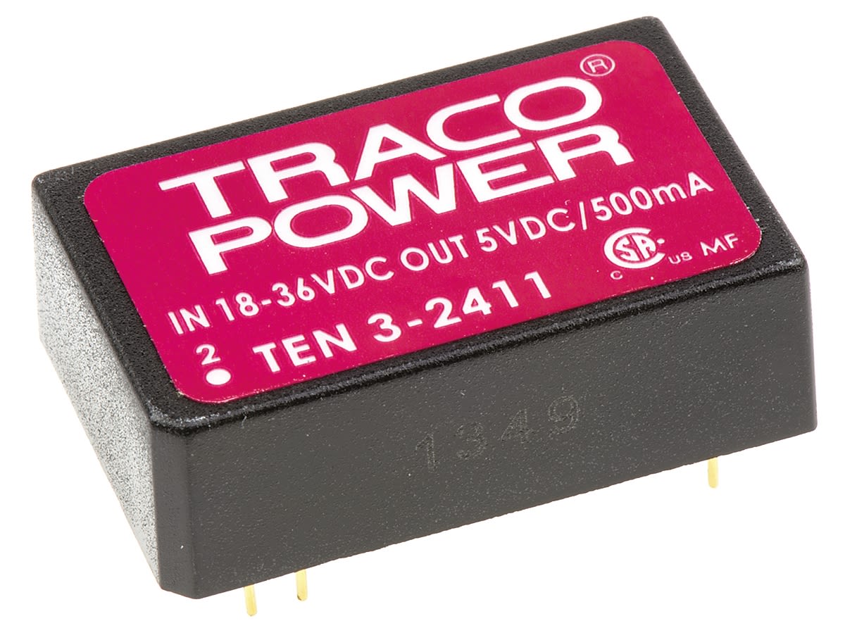 TRACOPOWER TEN 3 DC-DC Converter, 5V dc/ 500mA Output, 18 → 36 V dc Input, 3W, Through Hole