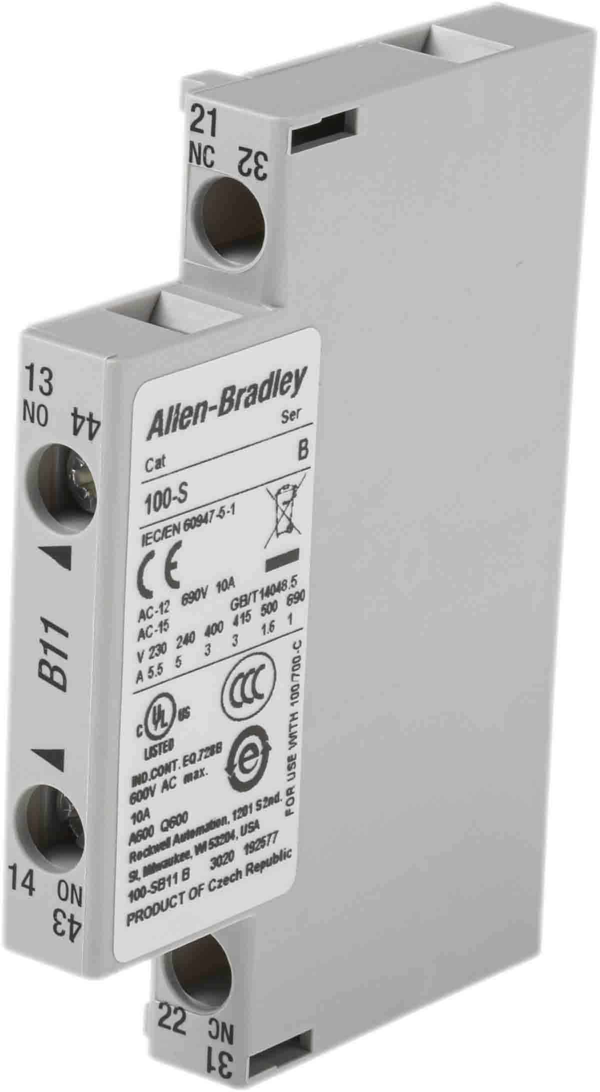 Contacto auxiliar Allen Bradley 100S, montaje: lateral, terminal: roscado, 1NC + 1NA, 10 A