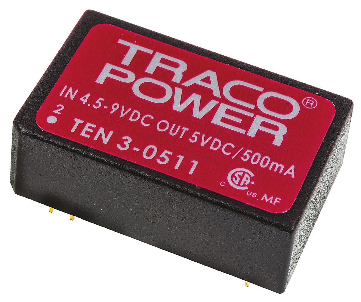 TRACOPOWER TEN 3 DC-DC Converter, 5V dc/ 500mA Output, 4.5 → 9 V dc Input, 3W, Through Hole