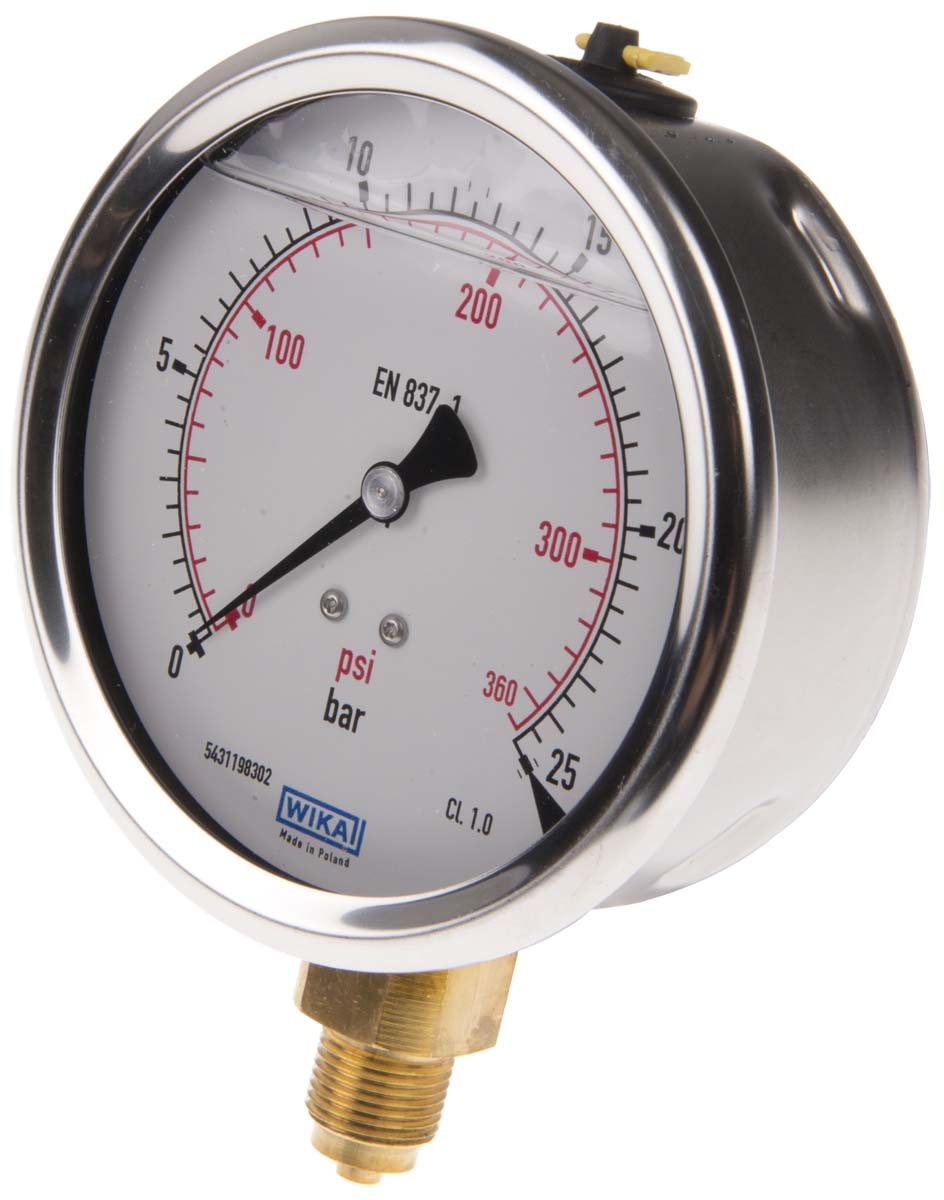 WIKA 7075597 Analogue Positive Pressure Gauge Bottom Entry 25bar, Connection Size G 3/8