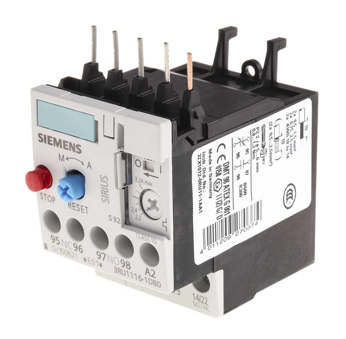 3RU11161DB0 Siemens Overload Relay NO/NC, 2.2 → 3.2 A F.L.C, 3.2 A