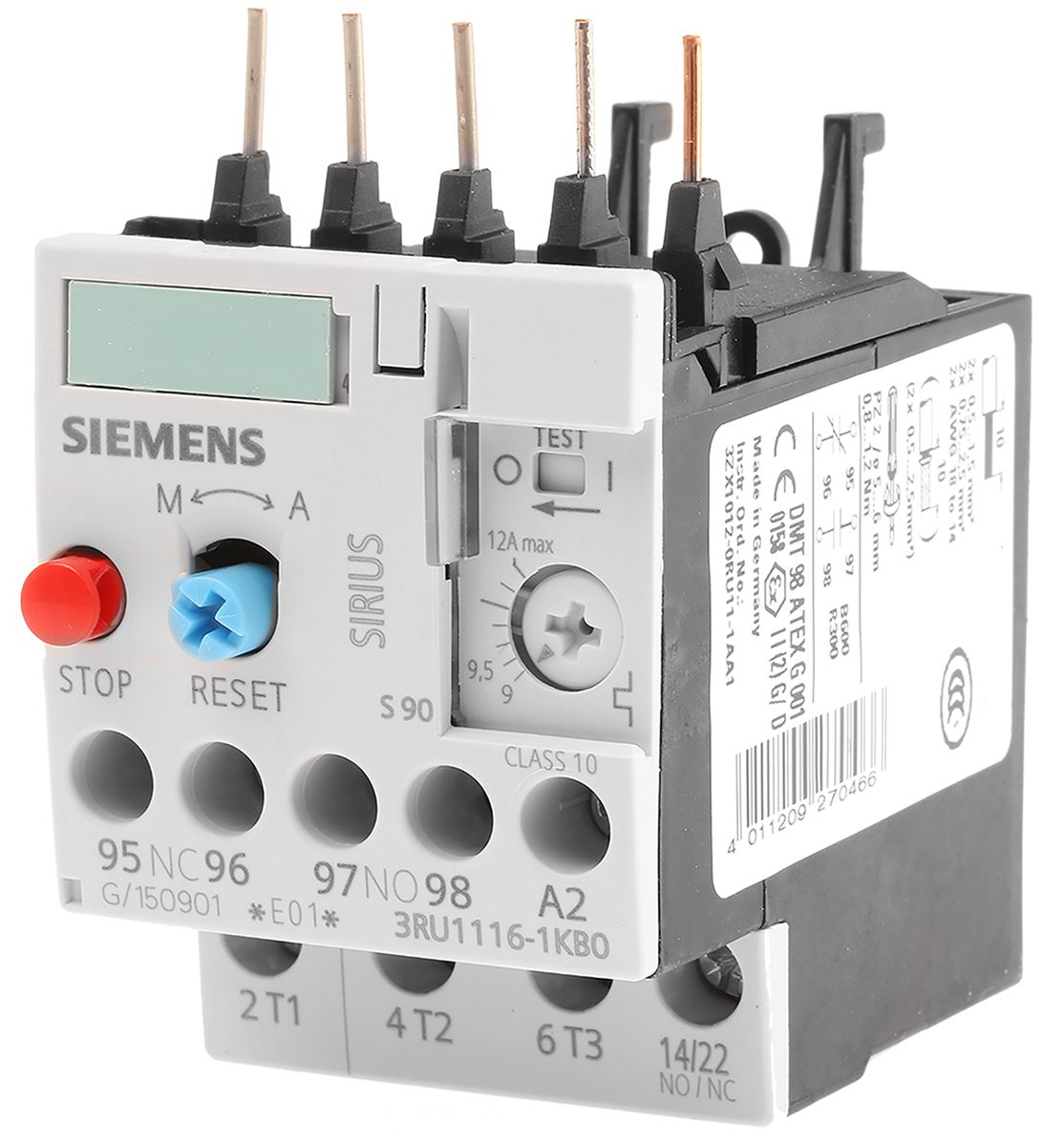 3RU11161KB0 Siemens Overload Relay NO/NC, 9 → 12 A F.L.C, 12 A Contact Rating, 5.5 kW, 3P