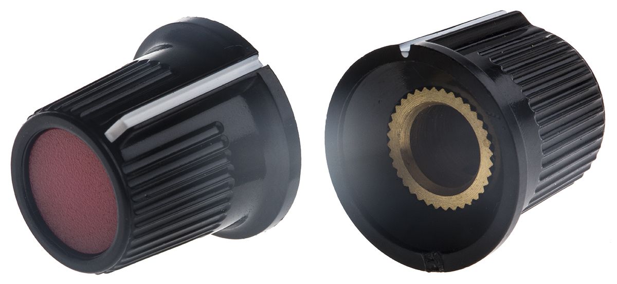 RS PRO 16.2mm Black, Red Potentiometer Knob for 6mm Shaft Splined RS