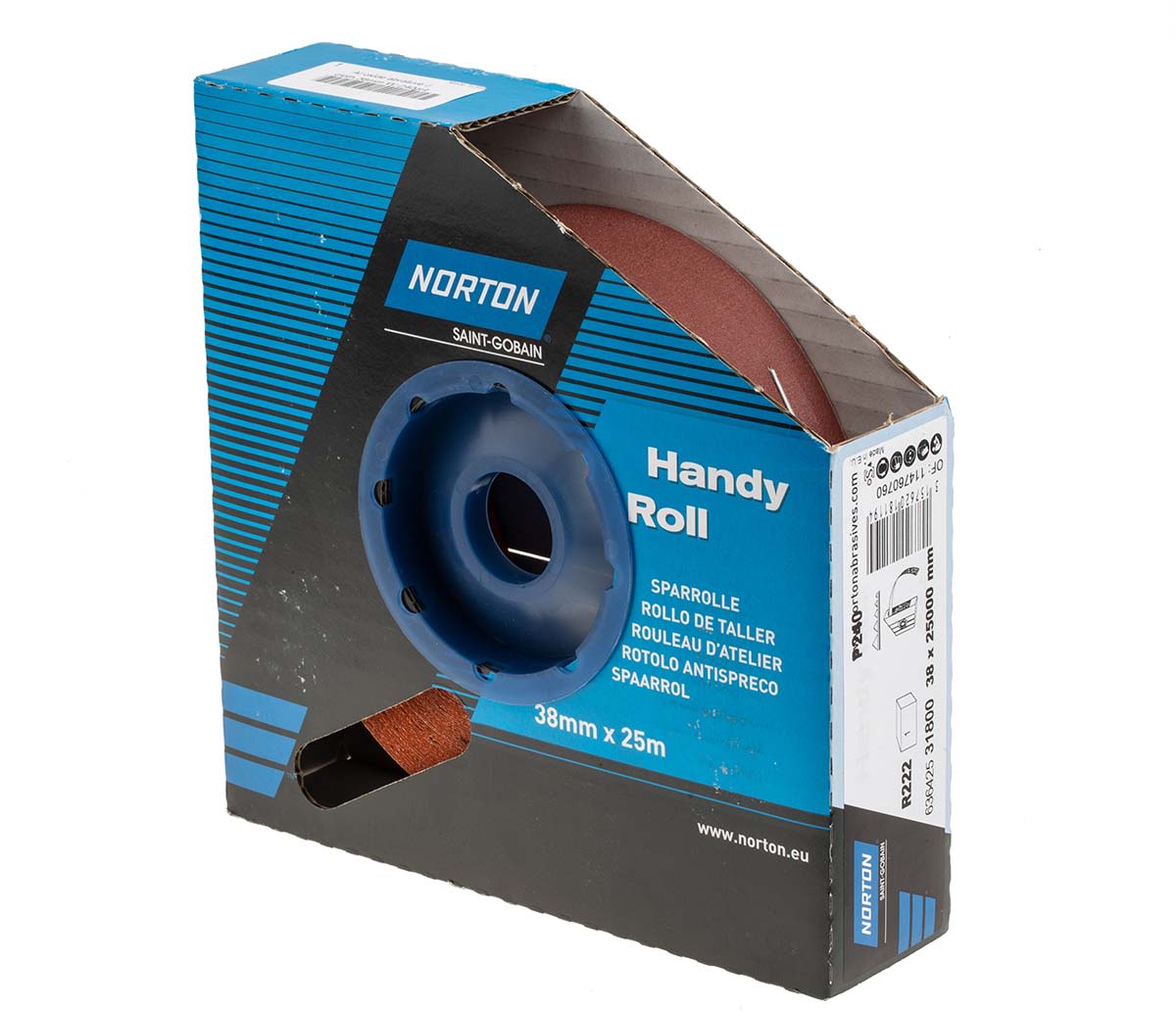 63642531812 Norton P120 Grit Fine Sandpaper Roll, 25m x 38mm RS