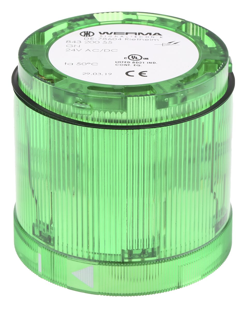Werma 843 Series Green Steady Effect Beacon Unit, 24 V dc, LED Bulb, AC, DC, IP54