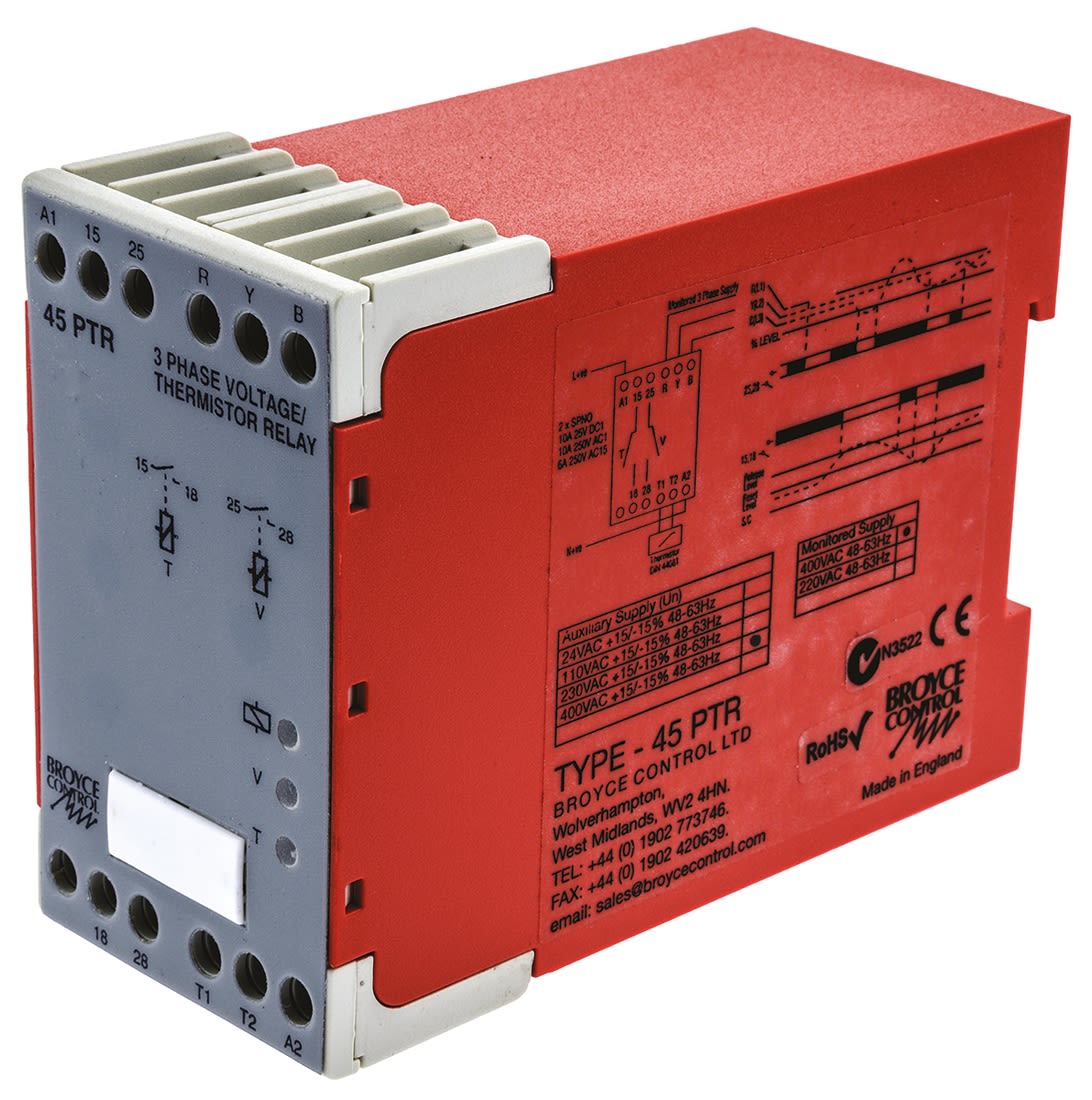 45PTR 400VAC Broyce Control DIN Rail Phase, Temperature Monitoring Relay, 3 Phase, DPST RS
