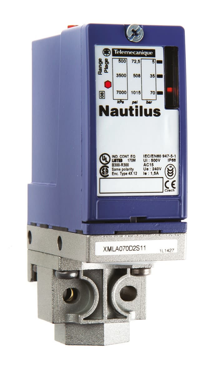 XMLA070D2S11 Telemecanique Sensors Pressure Sensor, 50bar Min, 70bar Max, Relay Output