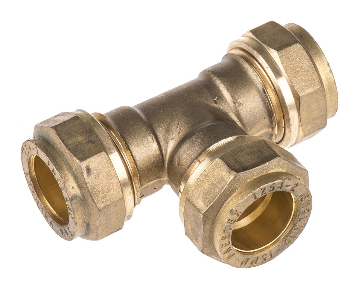 Pegler Yorkshire Brass Pipe Fitting, Tee Compression Equal Tee, Female to Female 15mm
