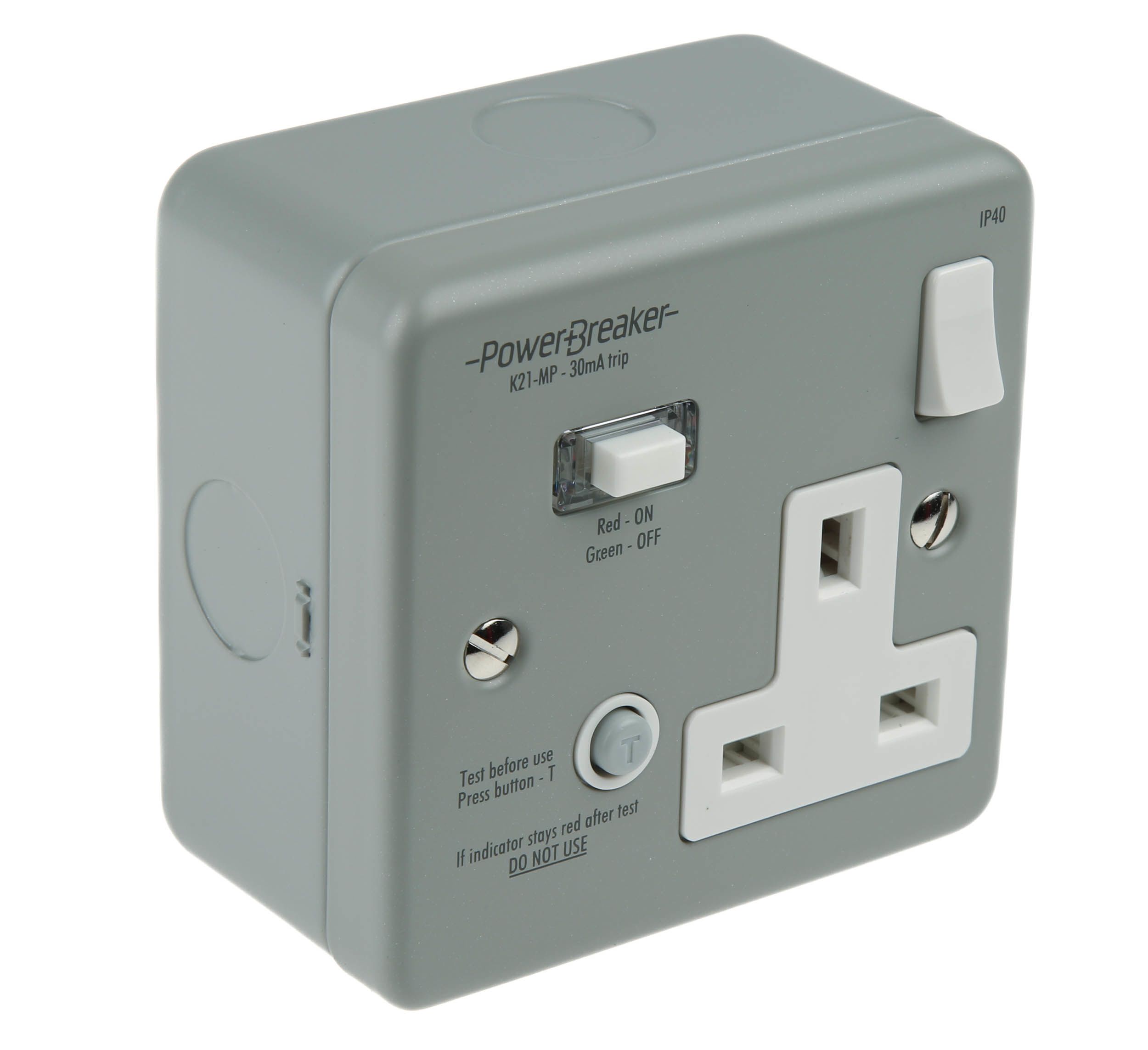 Power Breaker PowerBreaker H 13A, BS Fixing, Passive, Single Gang RCD Socket, Surface Mount, Switched, 230 V ac, Grey
