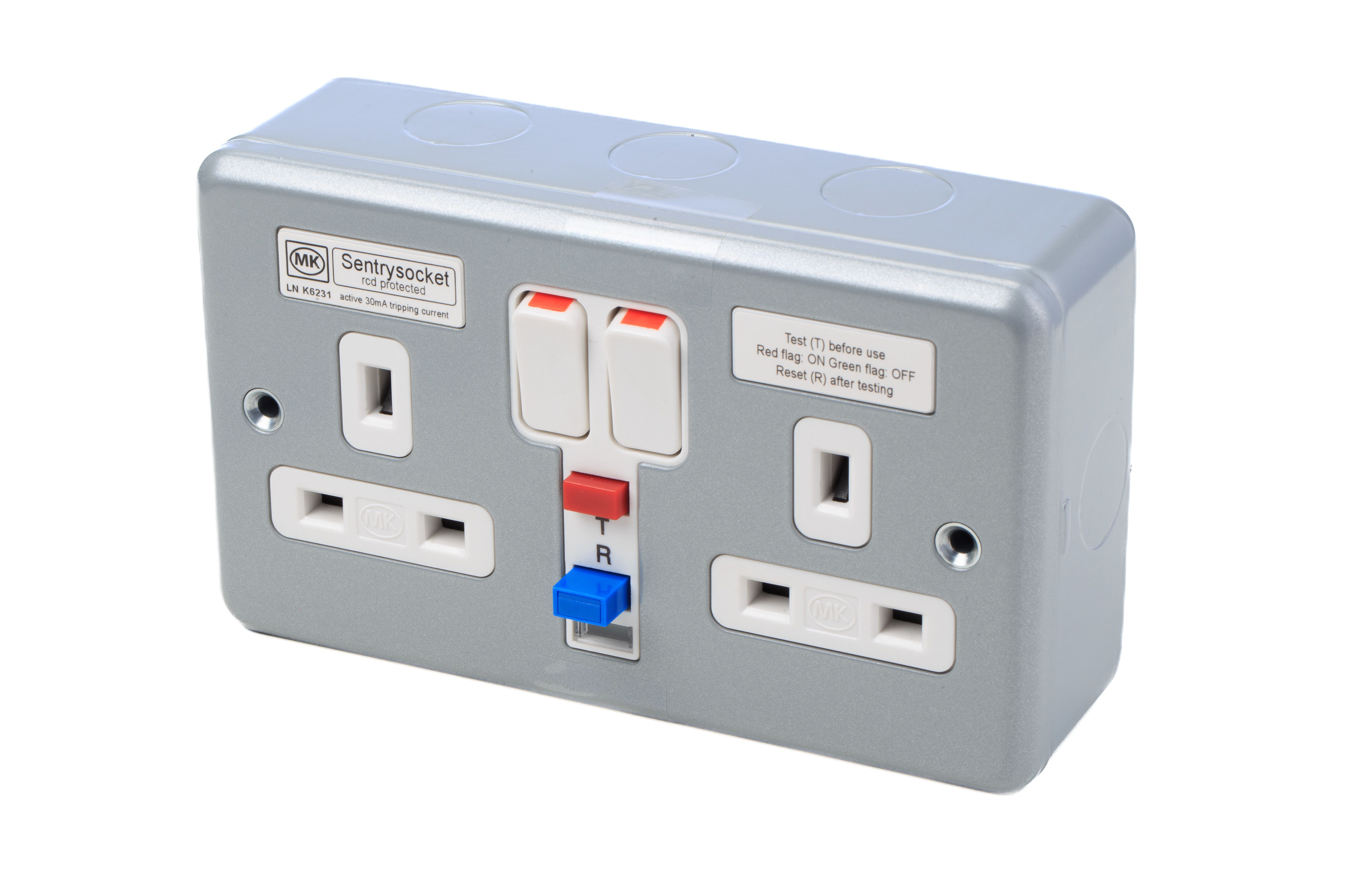 MK Electric 13A, BS Fixing, Active, 2 Gang RCD Socket, Steel, Surface Mount, Switched, 250 V ac, Grey
