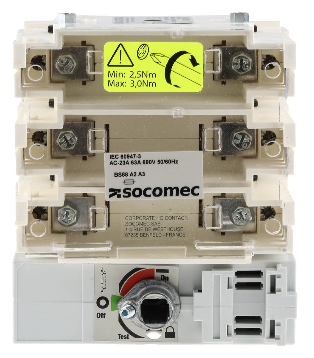 Socomec 63A 3P Fused Isolator Switch, A2, A3 Fuse Size
