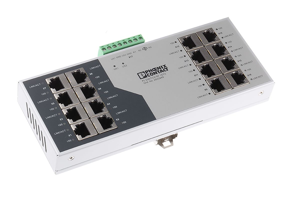 Phoenix ContactFL SWITCH SF 16TX Series DIN Rail Mount Ethernet Switch, 16 RJ45 Ports, 100Mbit/s Transmission, 24V dc