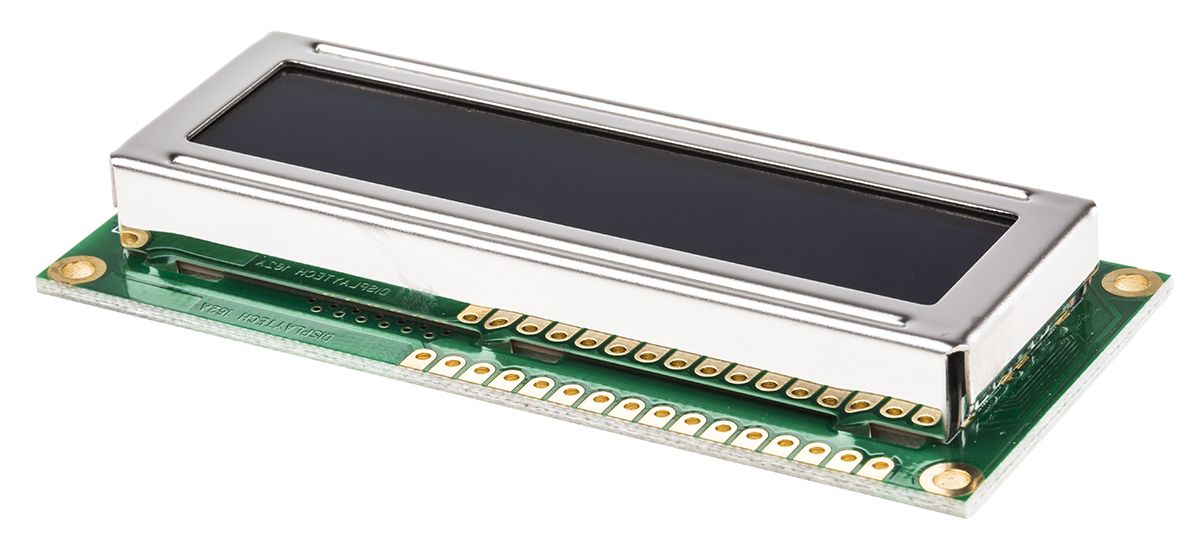 Display monocromo LCD alfanumérico Displaytech de 2 filas x 16 caract., transflectivo, área 65 x 15mm