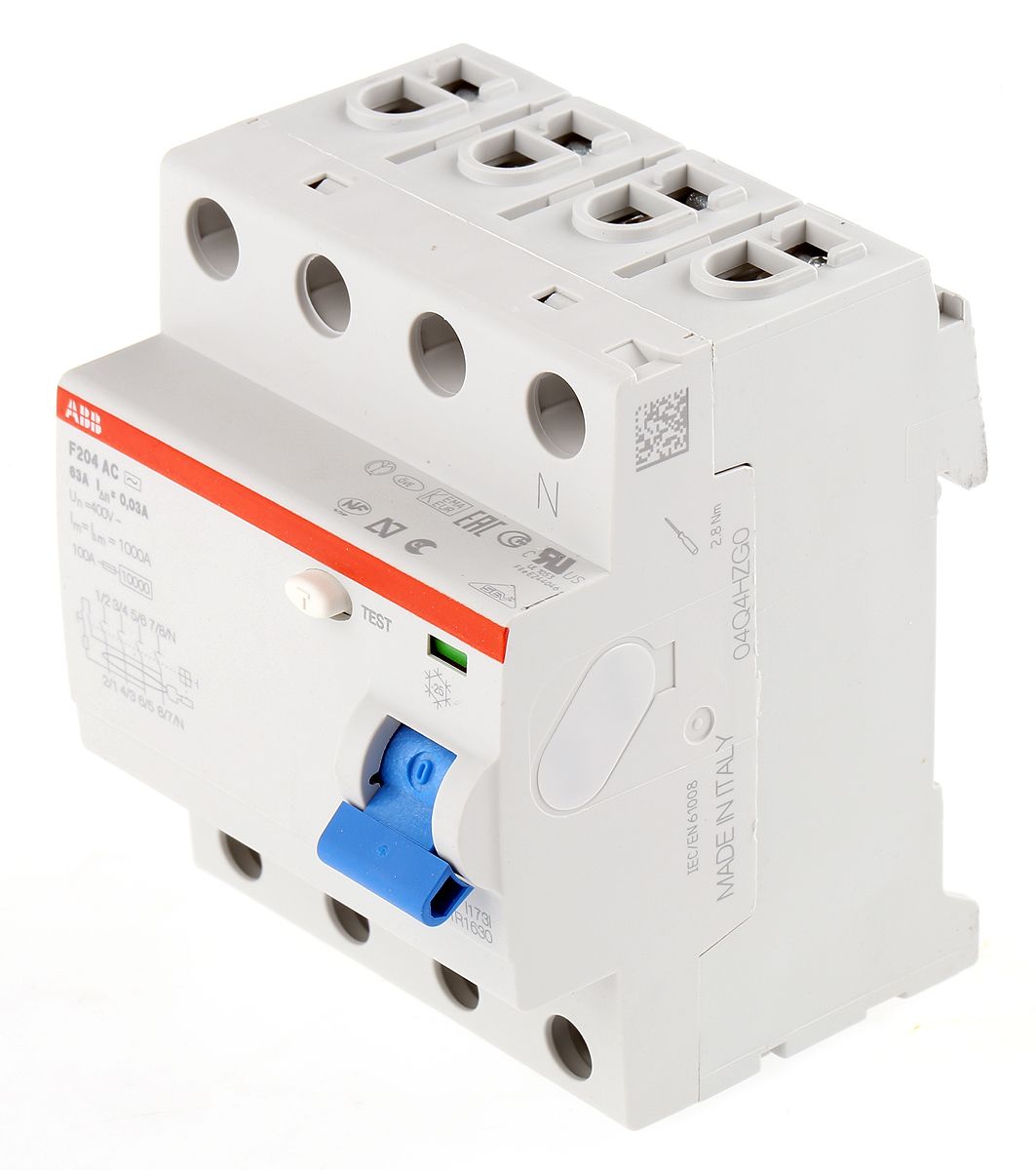 2CSF204001R1630 F204 AC-63/0,03 | ABB RCCB, 63A, 4 Pole, 30mA, Type AC | RS