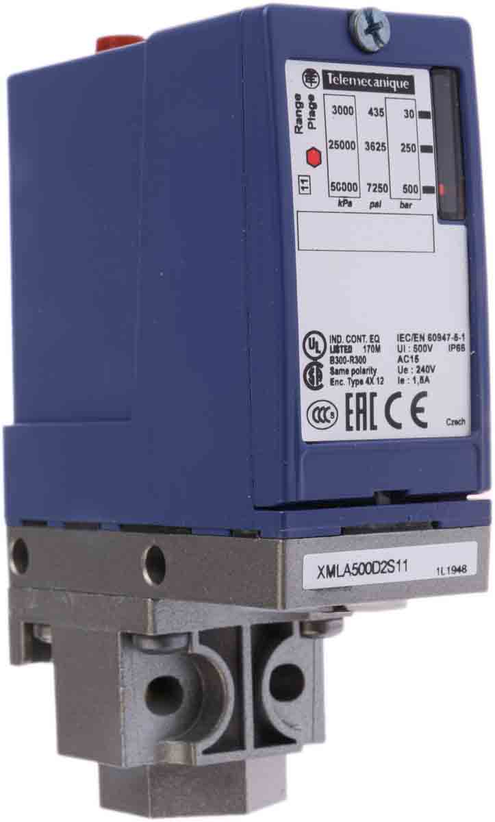 XMLA500D2S11 Telemecanique Sensors Pressure Sensor, 30bar Min, 500bar Max, Relay Output