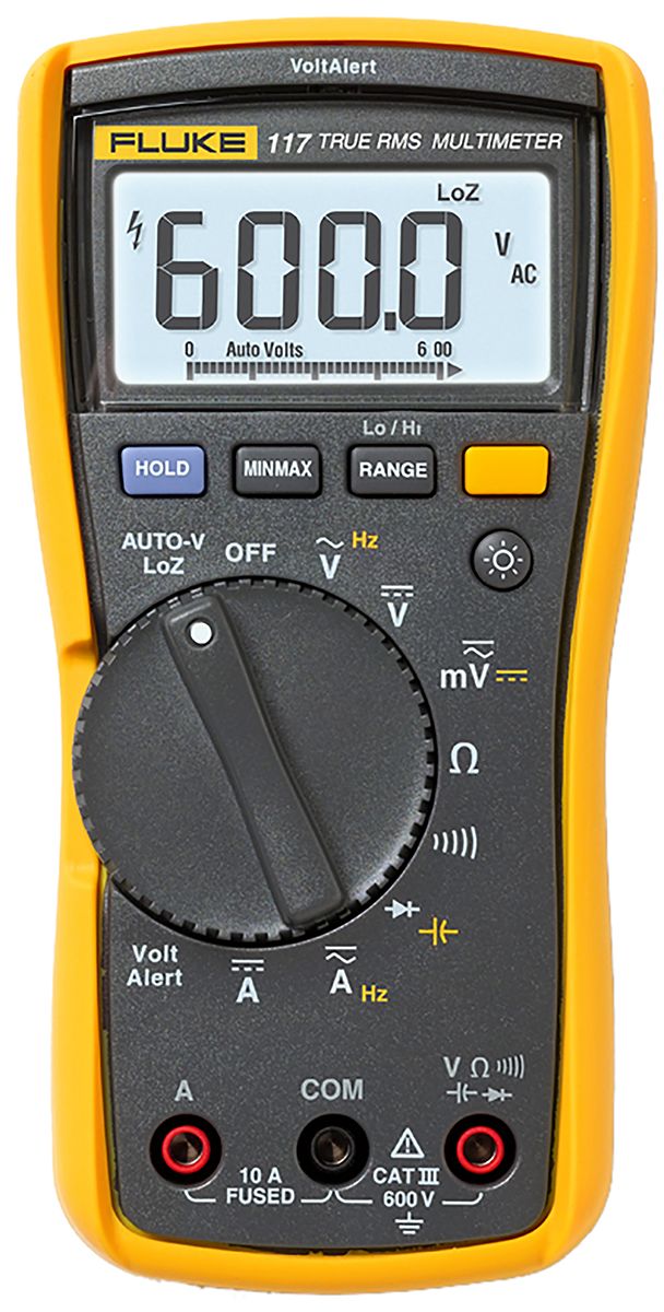Fluke 117 Handheld Digital Multimeter, True RMS, 10A ac Max, 10A dc Max, 600V ac Max