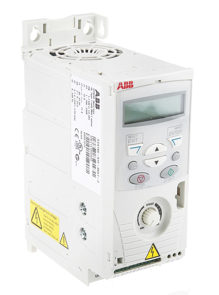 Variador de frecuencia ABB serie ACS150, 1,1 kW, 230 V ac, 1 fase, 6,7 A, 500Hz, IP20