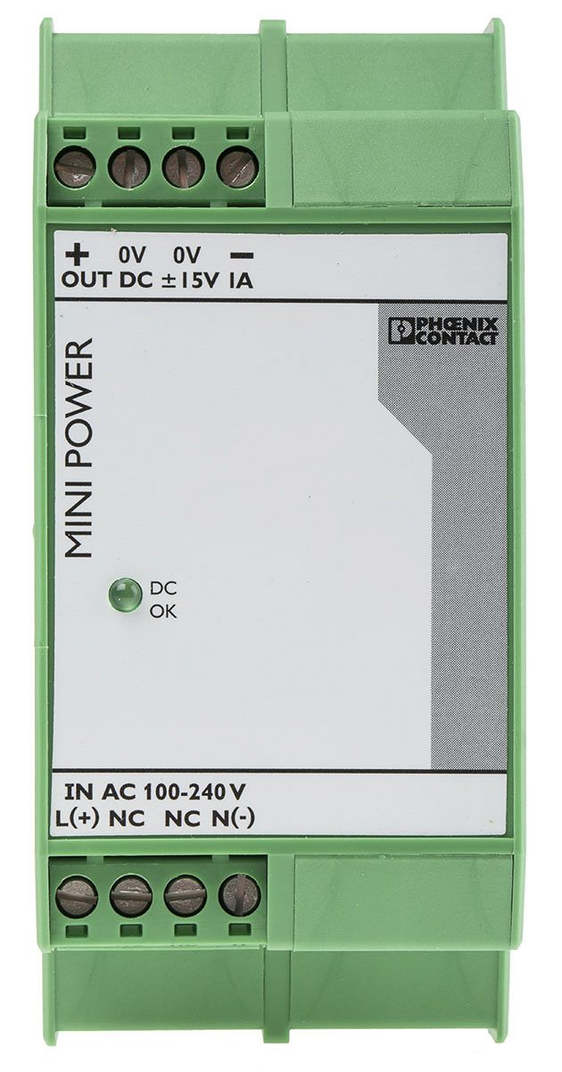 Phoenix Contact MINI-PS-100-240AC/2x15DC/1 Switch Mode DIN Rail Power Supply, 85 → 264V ac ac Input, 15V dc dc