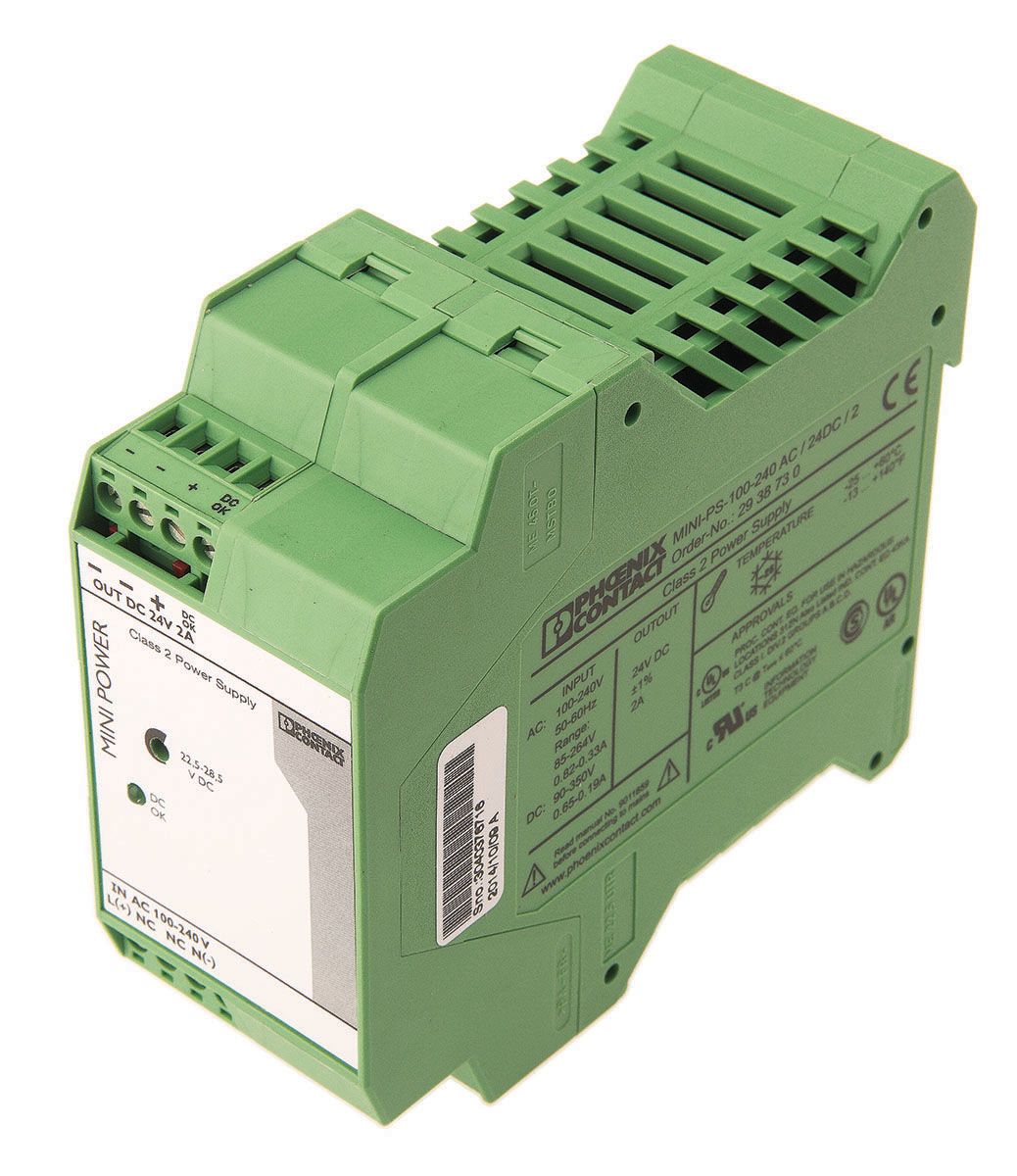 Phoenix Contact MINI-PS-100-240AC/24DC/2 Switch Mode DIN Rail Power Supply 85 → 264V ac Input, 24V dc Output, 2A