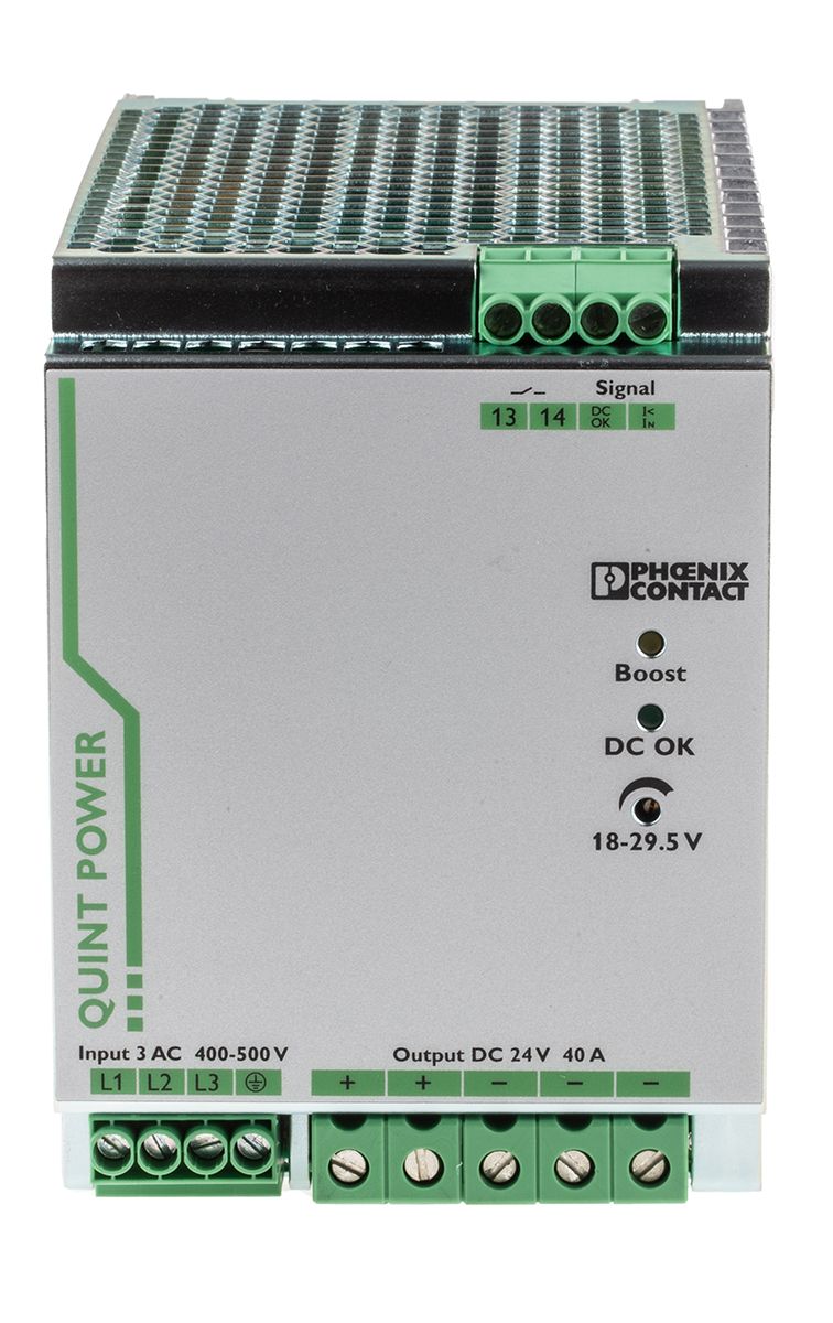 Phoenix Contact QUINT-PS/3AC/24DC/40 Switch Mode DIN Rail Power Supply, 400V ac ac Input, 24V dc dc Output, 40A Output,