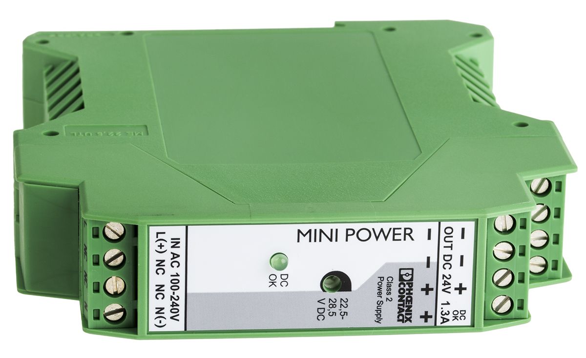 Phoenix Contact MINI-PS-100-240AC/24DC/1.3 Switch Mode DIN Rail Power Supply 85 → 264V ac Input, 24V dc Output,