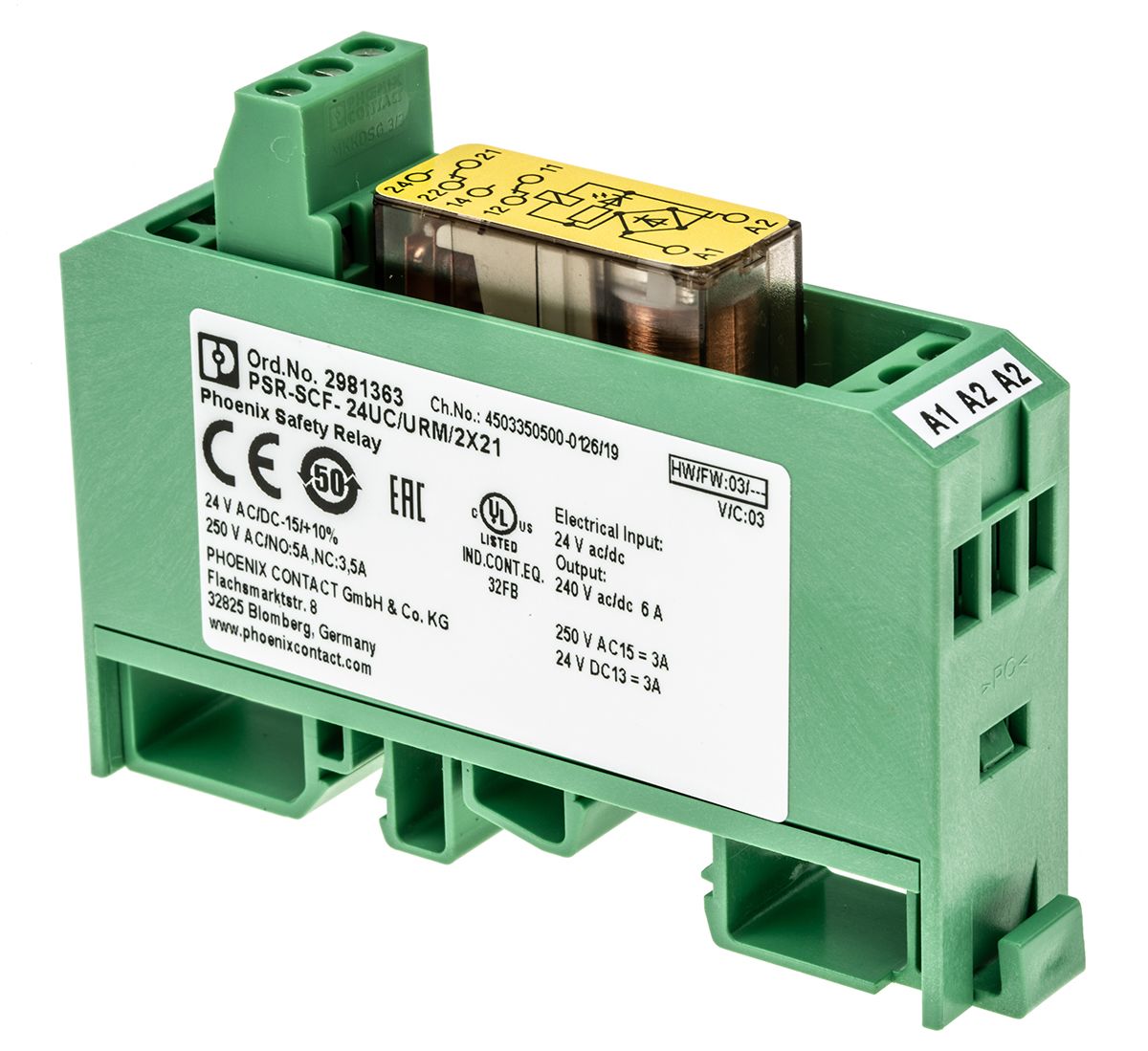 Phoenix Contact DIN Rail Force Guided Relay, 24V dc Coil Voltage, 6A Switching Current, DPDT