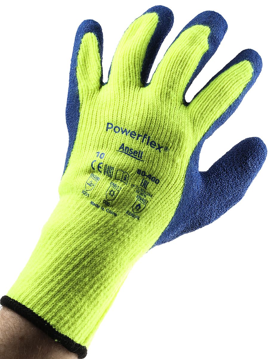 Ansell Powerflex Yellow Heat Resistant Work Gloves, Size 10, Large, Acrylic Lining, Latex Coating