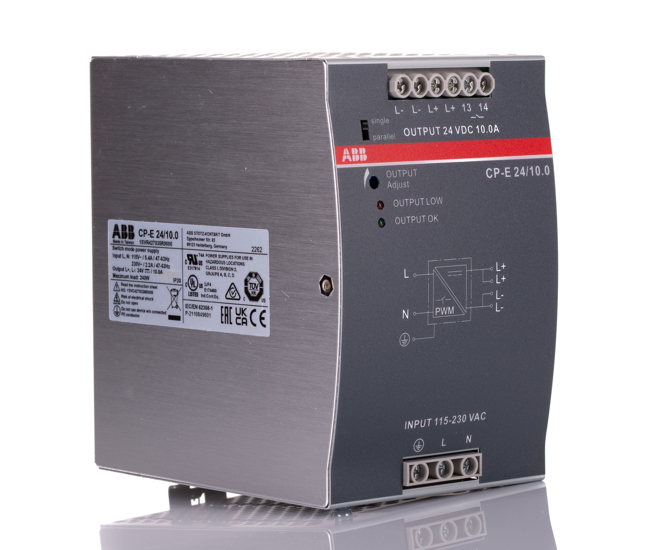 ABB CP-E Switch Mode DIN Rail Power Supply, 90 → 132V ac ac, dc Input, 24V dc dc Output, 10A Output, 240W